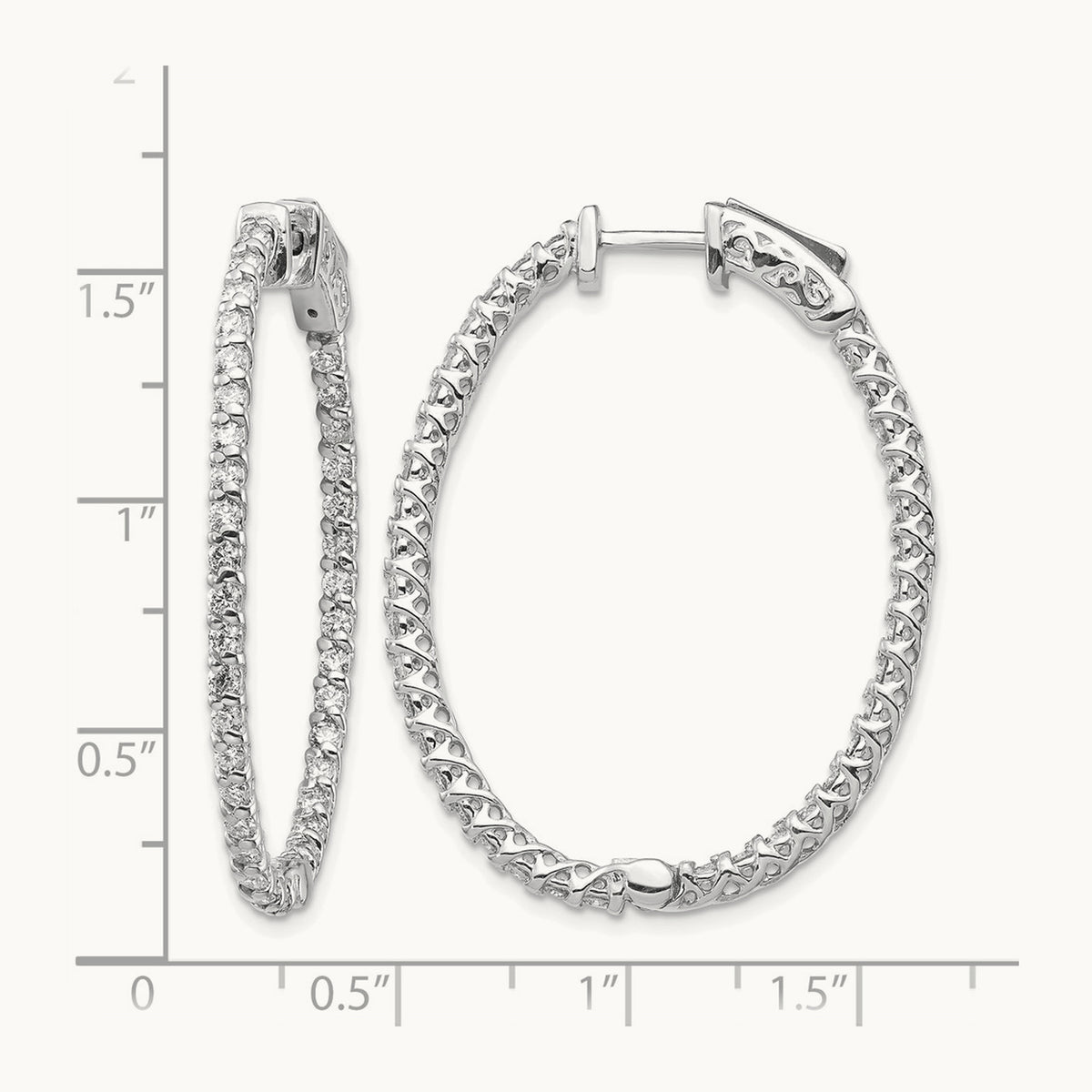 Diamond Oval Hoop w/Safety Clasp Earrings, 14K White Gold