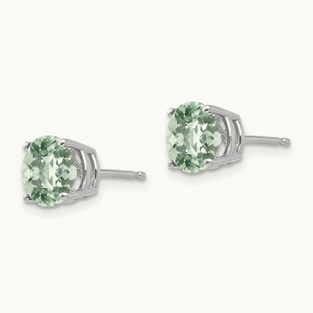 Round Checker-Cut Green Quartz Earrings — 14K White Gold, 7mm
