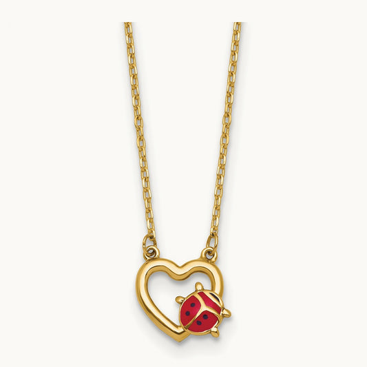 Polished Enameled Lady Bug with Heart 17in Necklace, 14K