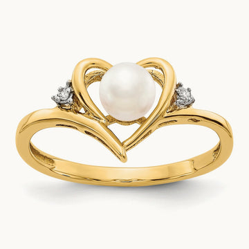 Freshwater Cultured Pearl and Diamond Heart Ring — 14K Yellow Gold, 7