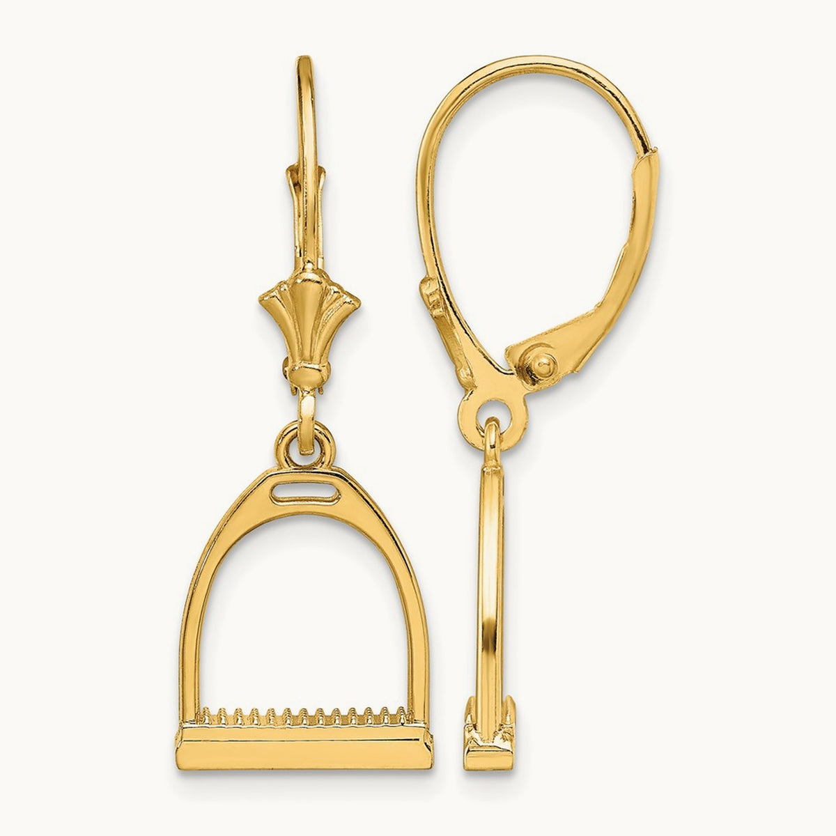 3-D Small Horse Stirrup Leverback Earrings, 14K