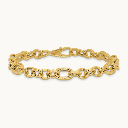Polished and Textured 7.5in Fancy Bracelet, 14K