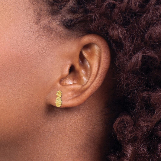 Polished and Textured Pineapple Post Earrings — 14K Yellow Gold