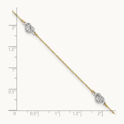 Puff Heart 9in Plus 1in ext Anklet, 14K Two-tone