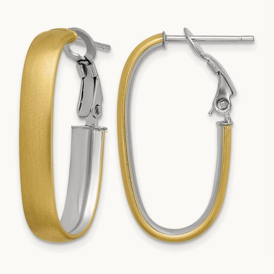 Polished and Satin Oval Omega Back Hoop Earrings, 14K with White Rhodium