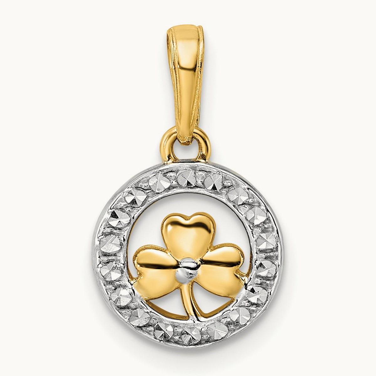 Diamond-cut Clover in Circle Pendant, 14K with White Rhodium