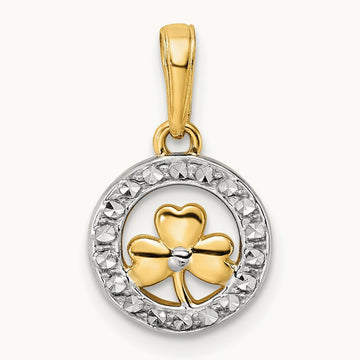 Diamond-cut Clover in Circle Pendant, 14K with White Rhodium