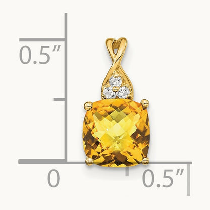 Checkerboard Citrine and Diamond Pendant — 14K Yellow Gold