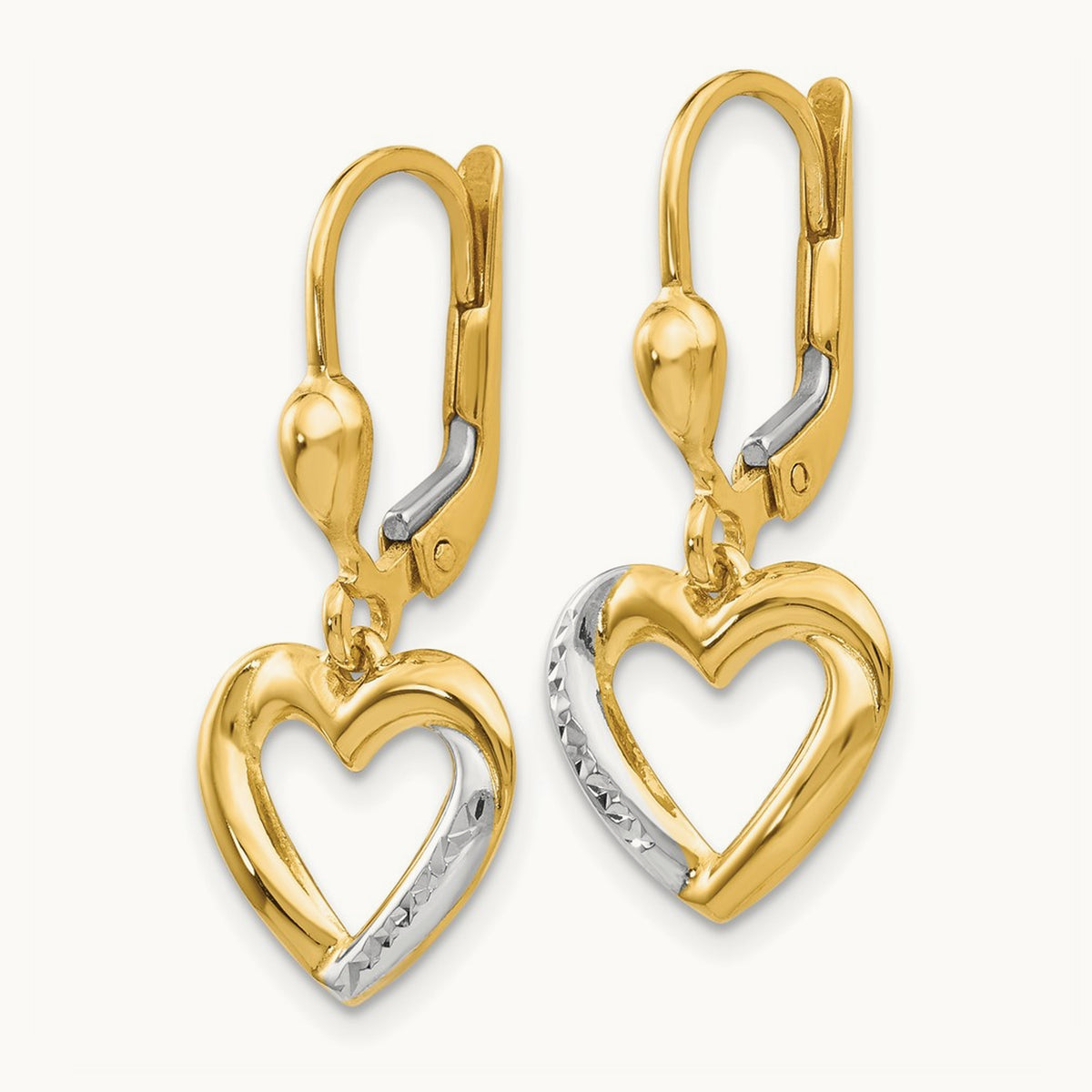 Textured and Polished Heart Leverback Earring, 14K with Rhodium