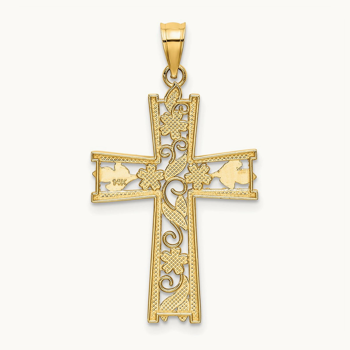 W/ Rhodium and D/C Flower Design Cross Charm, 14K