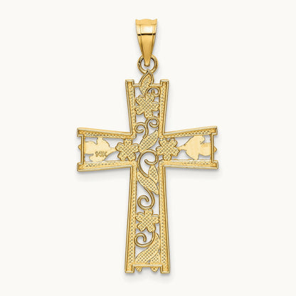 W/ Rhodium and D/C Flower Design Cross Charm, 14K