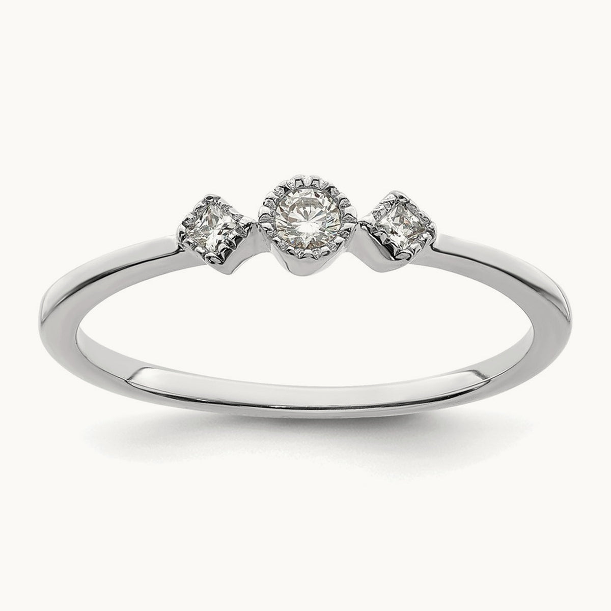 Petite Beaded Edge Round/Princess Complete Diamond Ring — 14K White Gold, 7