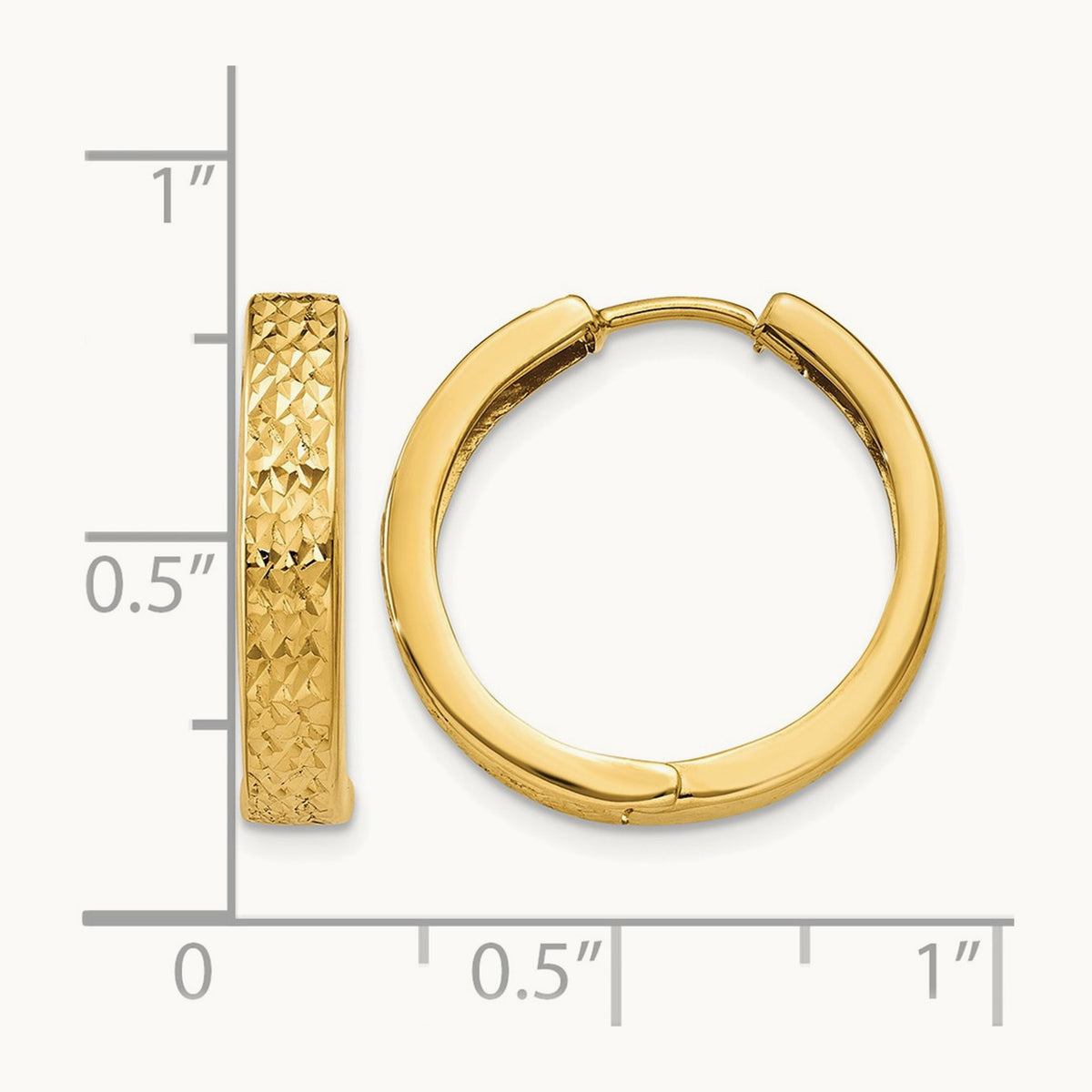 Diamond-cut Hinged Hoop Earrings — 14K Yellow Gold, 15mm
