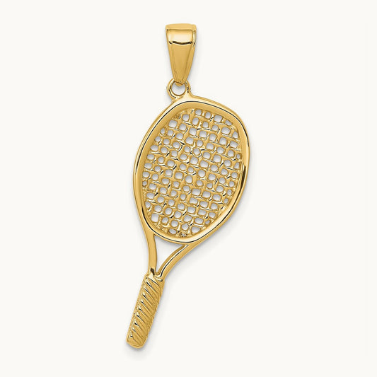 Solid Polished 3-D Tennis Racquet Pendant, 14K