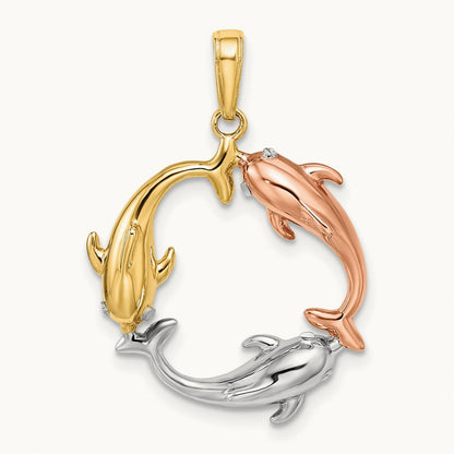 Tri-color Triple Dolphin Circle Pendant, 14K