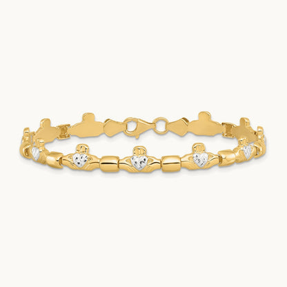 w/ Rhodium D/C Claddagh Polished Link Bracelet, 14K