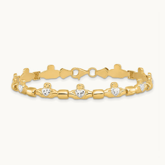 w/ Rhodium D/C Claddagh Polished Link Bracelet, 14K
