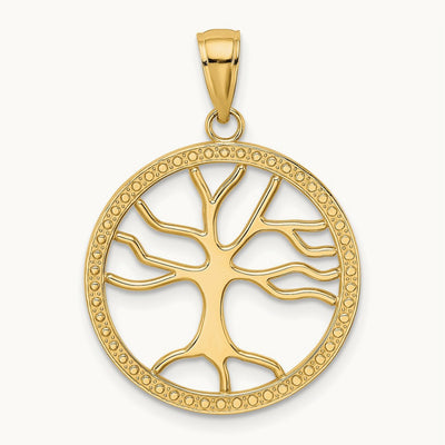 Large Tree Of Life In Round Frame Charm — 14K Yellow Gold