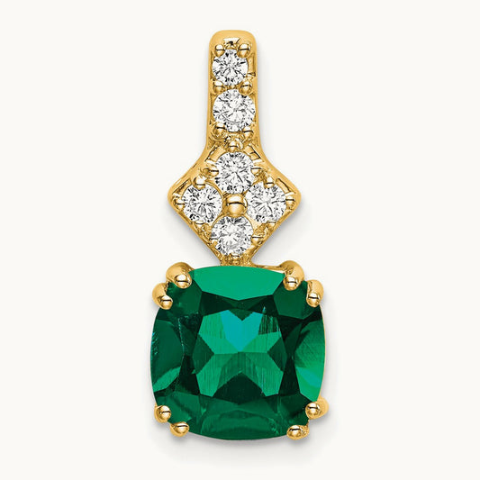 Created Emerald Pendant, 0.20 ct tw Lab-Grown Diamond — 14K Yellow Gold
