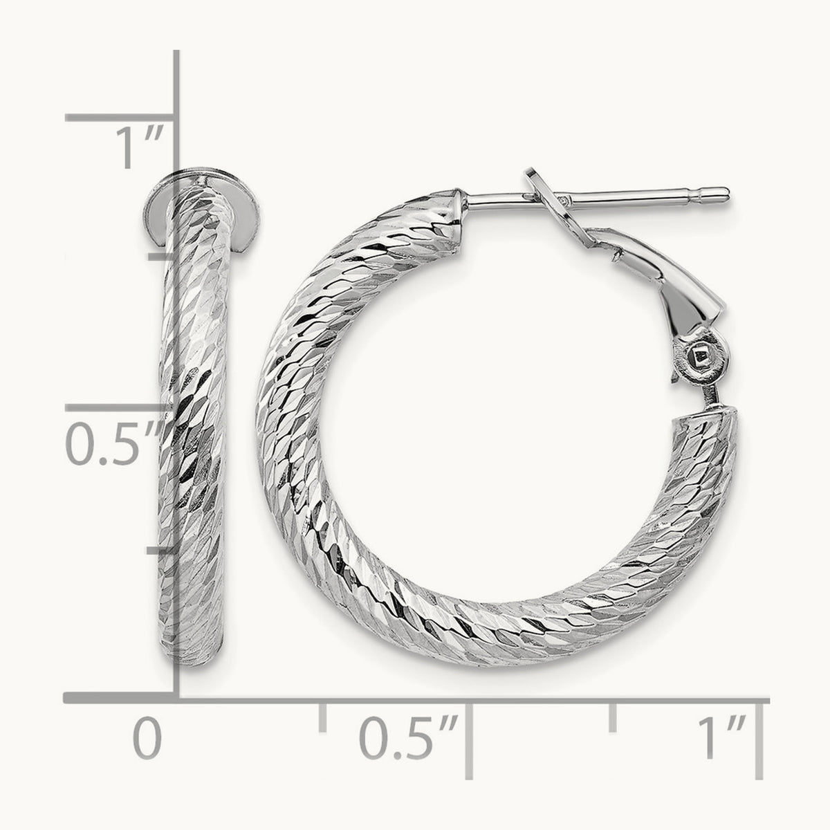 Diamond-cut Round Omega Back Hoop Earrings — 14K White Gold, 3x21mm
