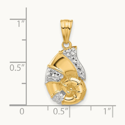 Polished and Diamond Cut Nautilus Shell Pendant, 14K with White Rhodium