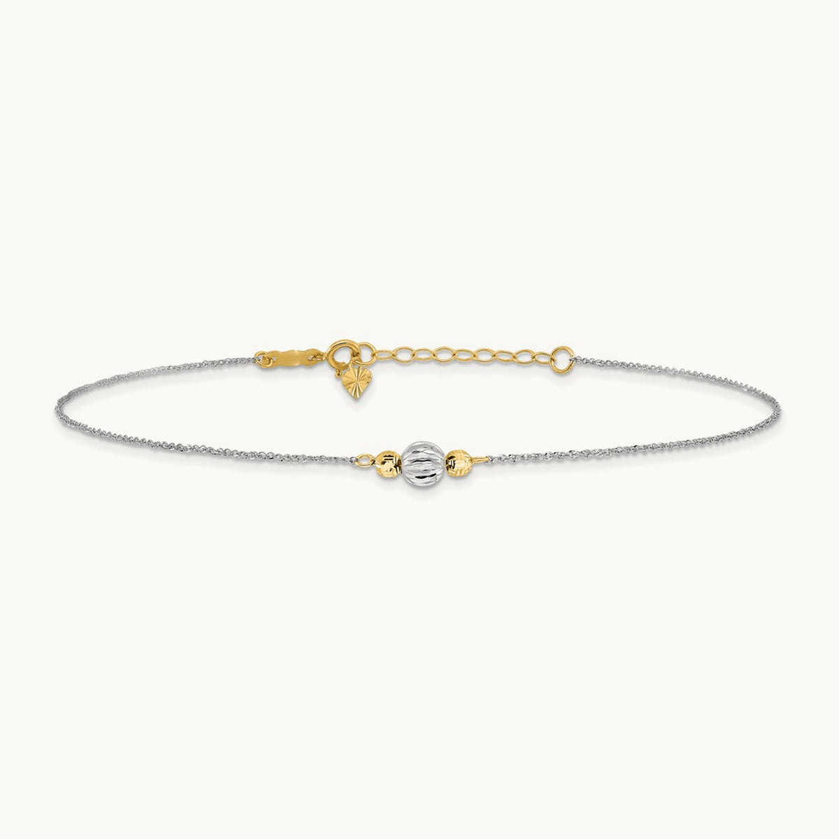 Ropa Two-tone Diamond Cut Bead 9in Plus 1in Ext. Anklet, 14K White Gold