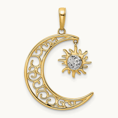 Diamond-cut Moon and Dangle Sun Pendant, 14K with White Rhodium