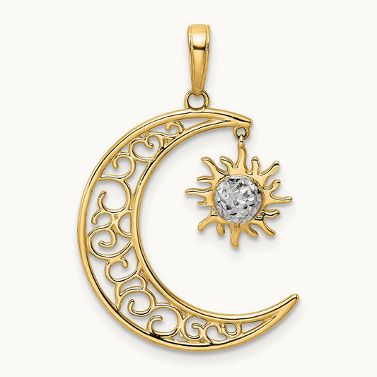 Diamond-cut Moon and Dangle Sun Pendant, 14K with White Rhodium