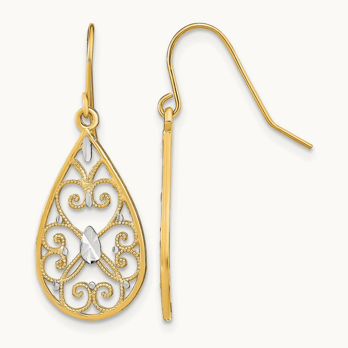 w/Rhodium D/C Fancy Dangle Wire Earrings, 14K