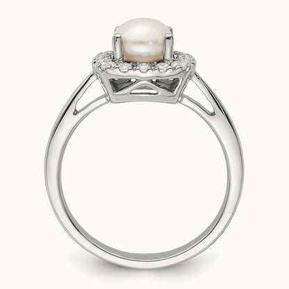 June Birthstone Freshwater Cultured Pearl Halo Ring, 0.25 ct tw Lab-Grown Diamond