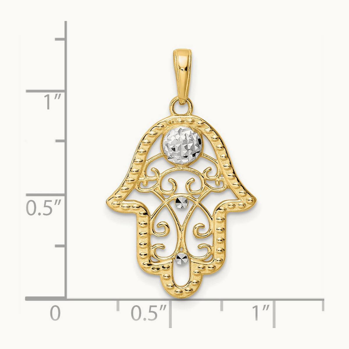& White Rhodium D/C Evil Eye Filigree Hamsa Pendant, 14K