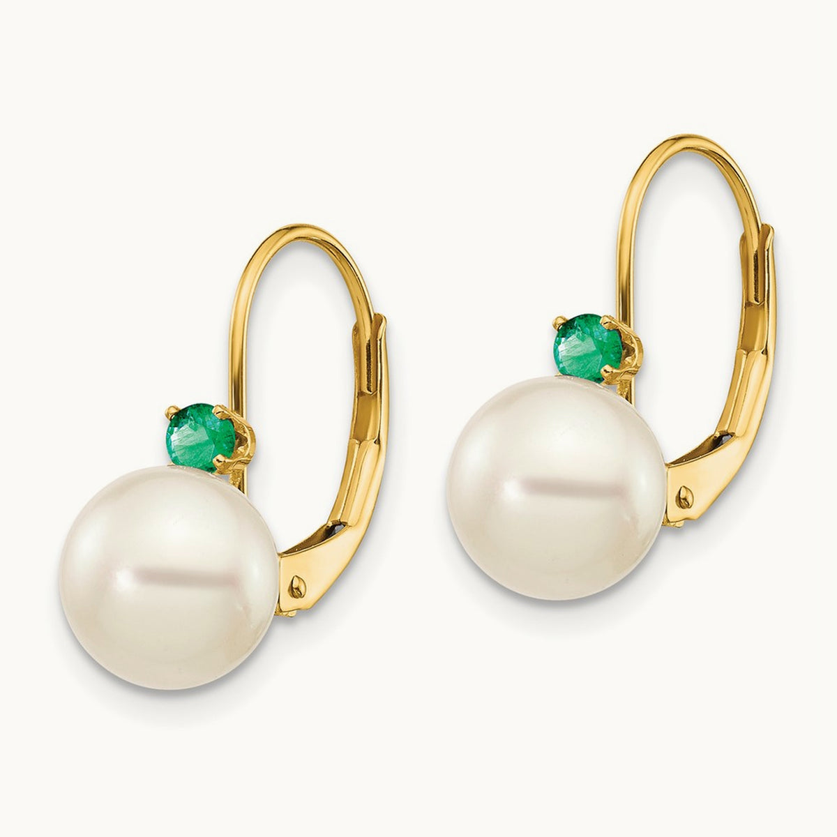 7- White Round FW Cultured Pearl Emerald Leverback Earrings, 7.5mm, 14K