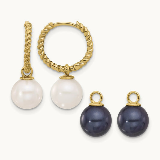 7- Black & White FWC Pearl Removable Dangle Hoop Earrings, 8mm, 14K