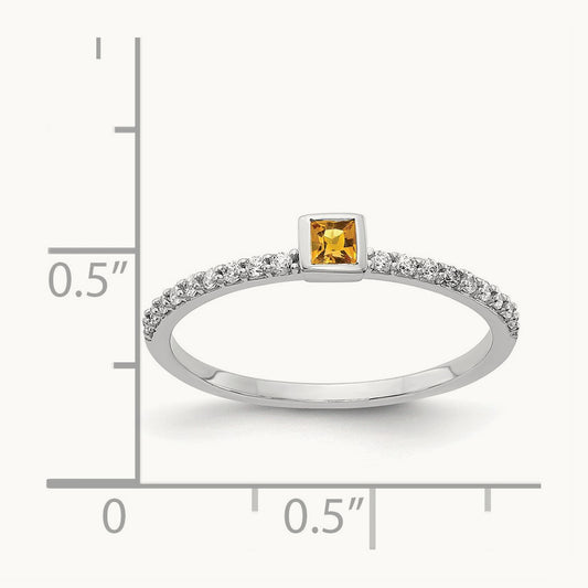 Diamond and Princess Citrine Ring, 14K White Gold