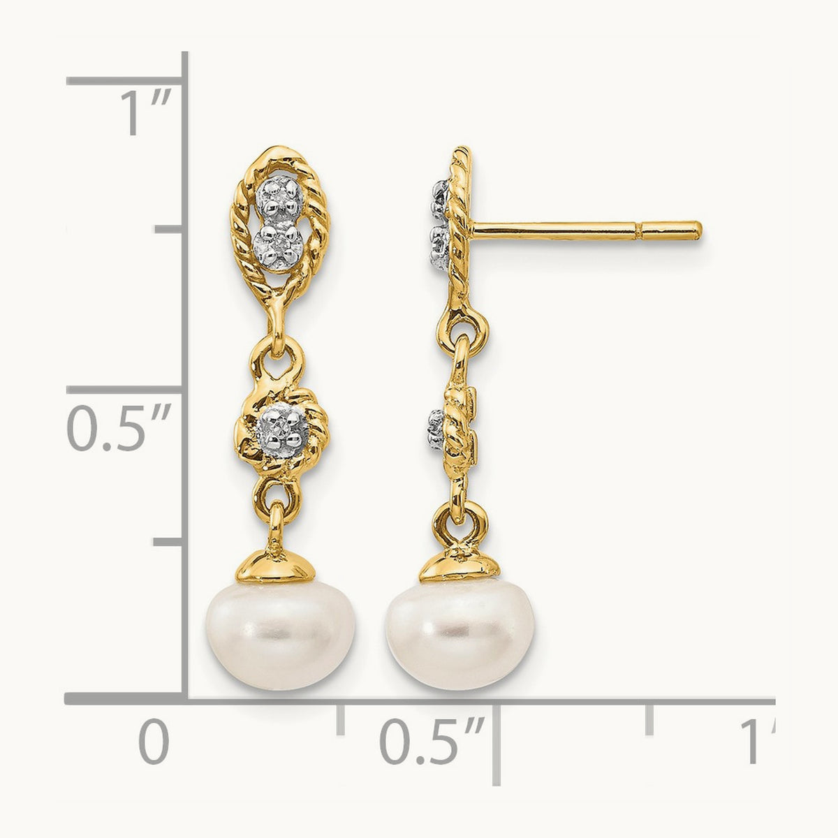 w/Rhodium 6- Semi-round FWC Pearl .02ct Diamond Earrings, 7mm, 14K