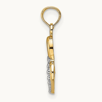 w/ Rhodium Polished and Textured Intertwined Hearts Charm, 14K