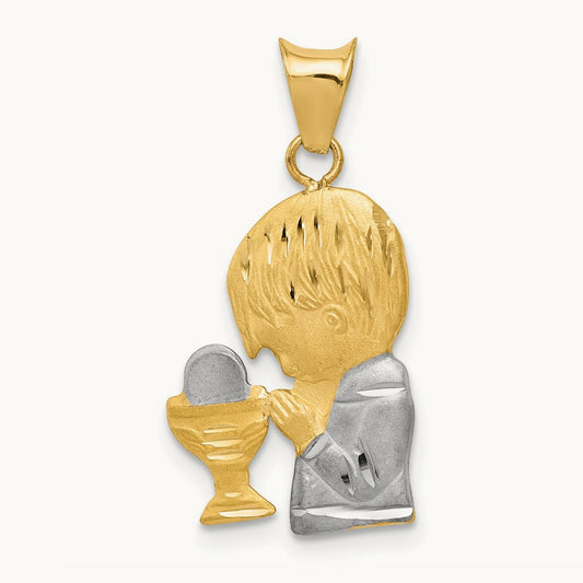 W/Rhodium D/C Boy Communion Semi-solid Pendant, 14K