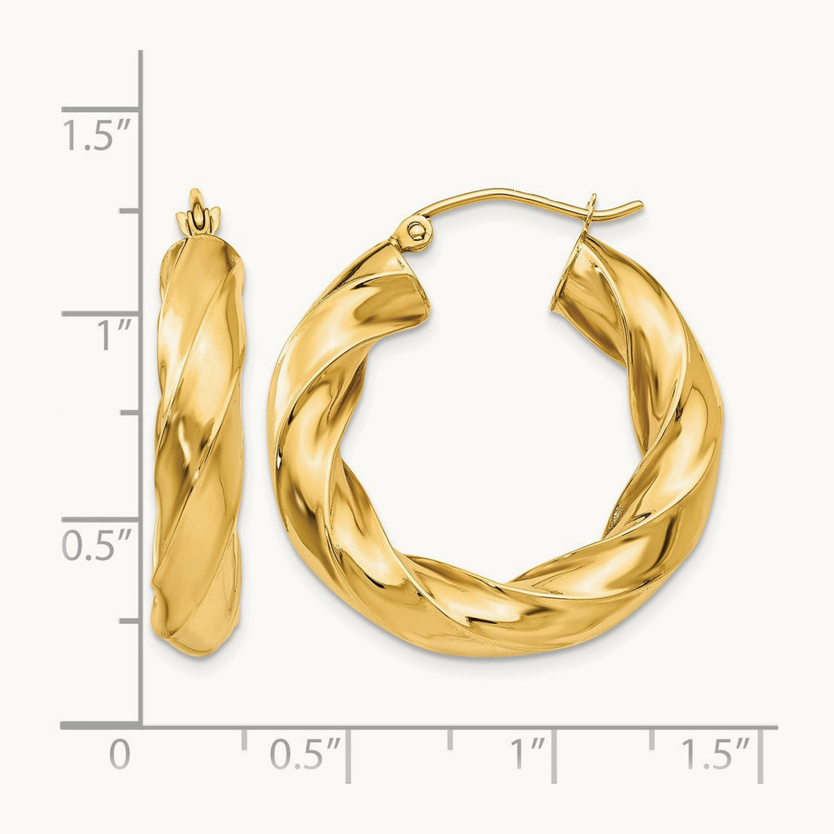 Square Tube Twisted Hoop Earrings — 14K Yellow Gold, 17mm, 5.0mm
