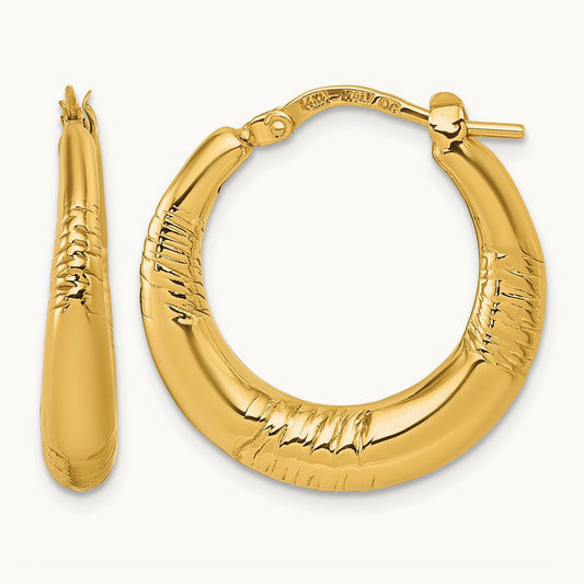 Polished and Grooved Round Hoop earrings, 14K
