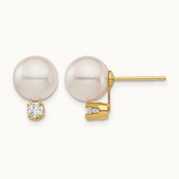 8- White Round Saltwater Akoya Cultured Pearl Diamond Post Earrings, 9mm, 14K