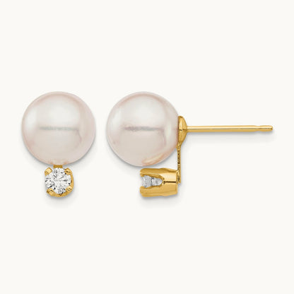 8- White Round Saltwater Akoya Cultured Pearl Diamond Post Earrings, 9mm, 14K