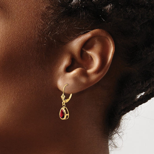 8x5mm Pear Garnet Leverback Earrings — 14K Yellow Gold