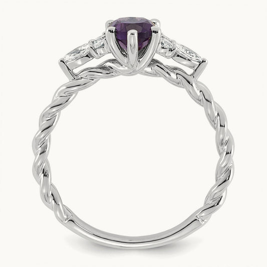 Polished Diamond and Amethyst Twisted Ring — 14K White Gold