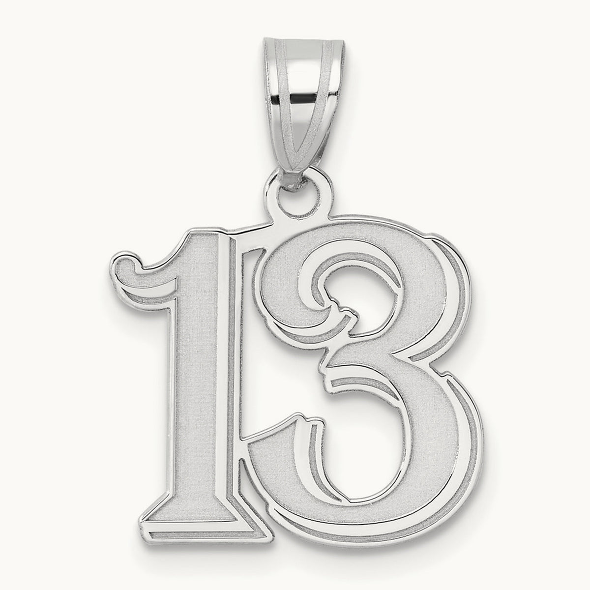 Polished Etched Number 13 Pendant, 14K White Gold