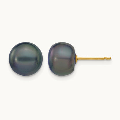 Black Button Freshwater Cultured Pearl Stud Post Earrings — 14K Yellow Gold