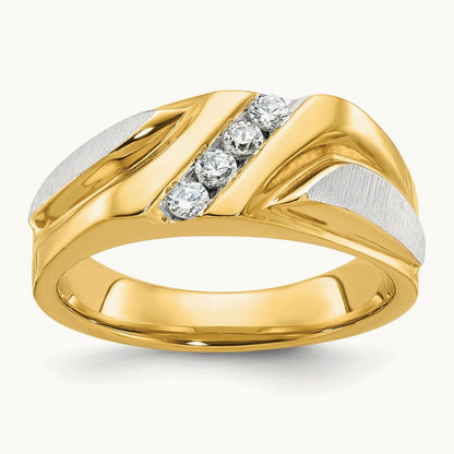 14ktt IBGoodman Men's Polished Satin & Grooved 4-Stone Diamond Ring