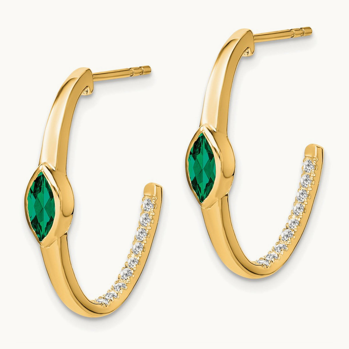 Marquise Created Emerald and Diamond J-hoop Earrings, 14K