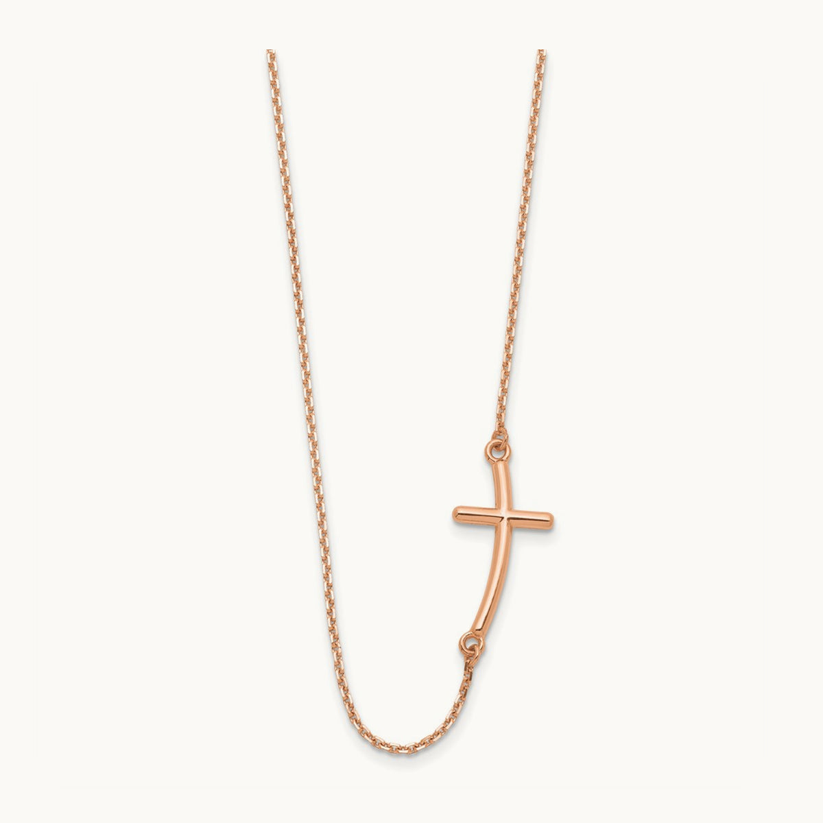 Large Sideways Curved Cross Necklace — 14K Rose Gold