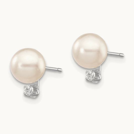 6- Round White Saltwater Akoya .06ct. Diamond Earrings, 7mm, 14K White Gold