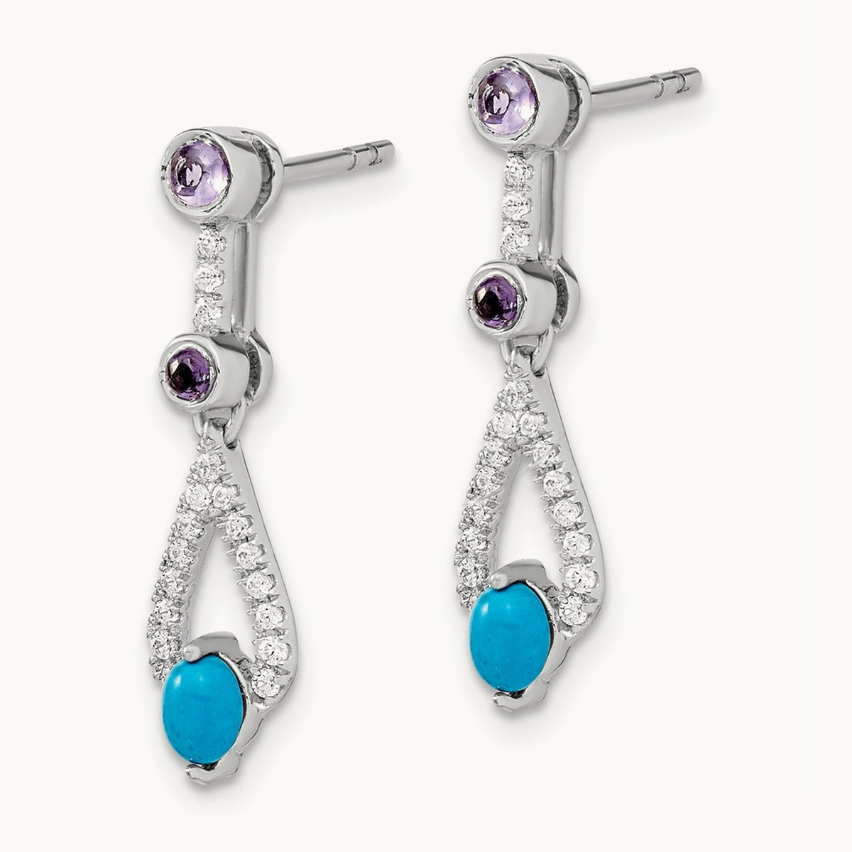 Turquoise/Amethyst/White Topaz Dangle Earrings, 14K White Gold
